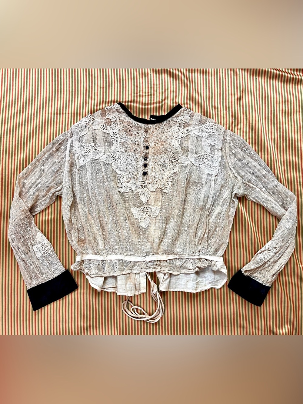 Antique Edwardian Early 1900s Sheer Lace Blouse Black Velvet Trim Gothic